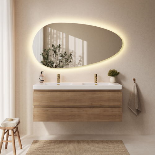 LOMAZOO badkamerspiegel Adana - organisch - met LED verlichting & spiegelverwarming - asymmetrisch - 140 x 71 cm
