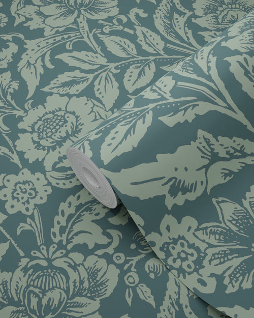 ESTAhome behang vintage bloemen donkerblauw en vergrijsd groen - 53 cm x 10.05 m - 139429