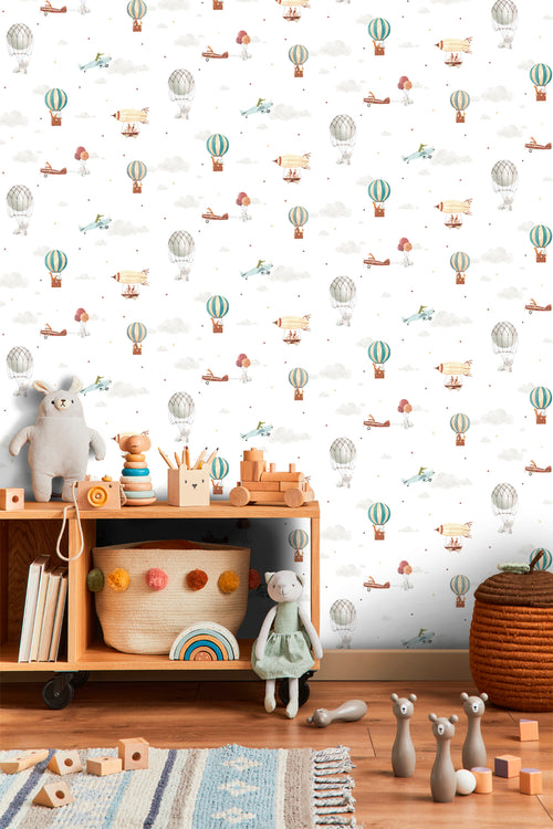 Sanders & Sanders behang luchtballonnen blauw, beige en wit - 53 cm x 10 m - 640454