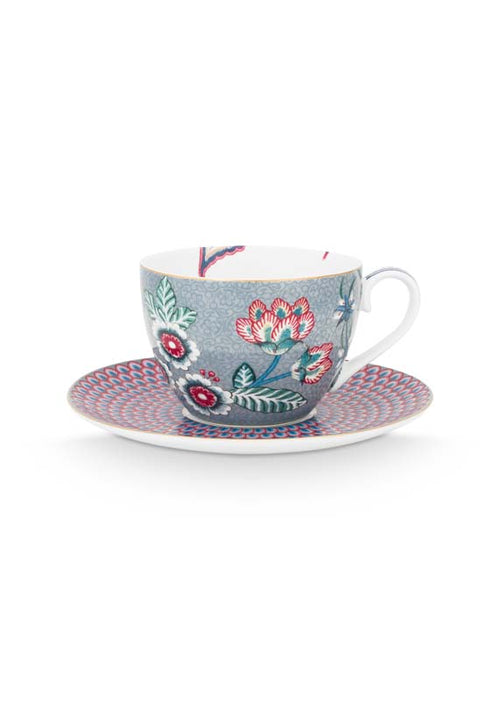 Pip Studio Flower Festival Kop en Schotel - Servies - Set van 2 - Lichtblauw - 280ml - vtwonen shop