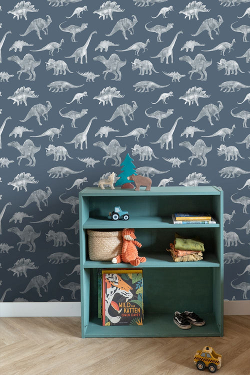 ESTAhome behang dinosaurussen vergrijsd blauw - 50 x 900 cm - 131805