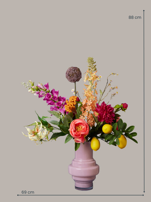 Madame Fleurie The Dreamer Boeket inclusief Vaas – Luxe Zijden bloemen Pioenroos, Citroentak, Eremus & Gloriosa - 19,5cm x 30,5cm