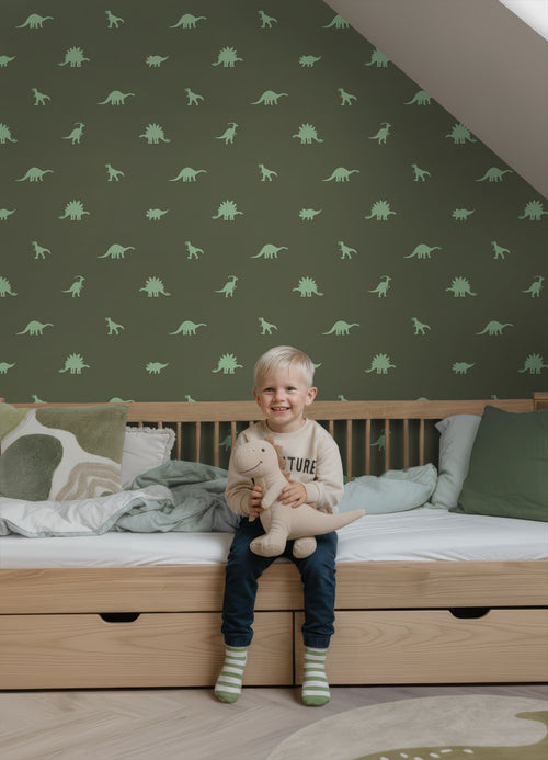 ESTAhome behang dinosaurussen donkergroen - 50 x 900 cm - 131802