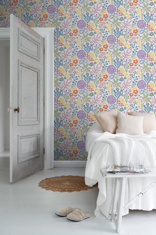 Borastapeter behang tropische bladeren en bloemen paars, geel en blauw - 53 cm x 10.05 m - 660795