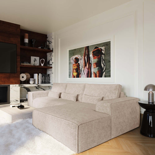 Premium Interiors - Rechthoekige hoekbank met snelle slaapfunctie JUNE - gewaafd fluweel beige 320cm