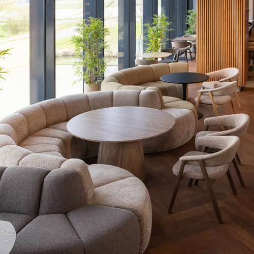 WOOOD eetbank hoek rond rugleuning Mojo - Bouclé - Geelbruin mel - 83x100x74