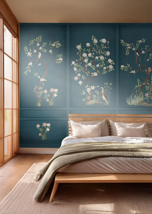 Sanders & Sanders fotobehang bloemen en vogels petrolblauw - 318 x 280 cm - 640808