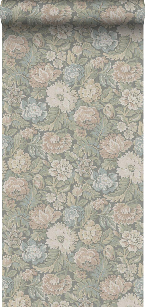Borastapeter behang vintage bloemen vergrijsd groen - 53 cm x 10.05 m - 660219 - vtwonen shop