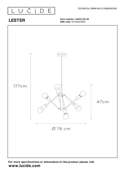 Lucide hanglamp LESTER - 6xE27 - Zwart - vtwonen shop
