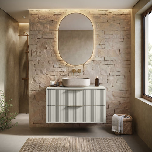 Badplaats Wastafelkast Rimini 80 cm – Beige – Hangend Badmeubel met 2 Lades en Gouden Handgrepen