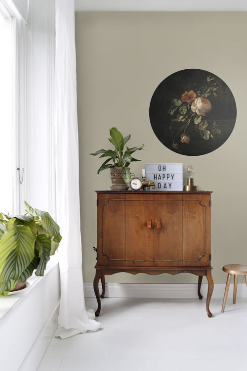 ESTAhome zelfklevende behangcirkel bloemstilleven donker rood en zwart - Ø 70 cm - 158990