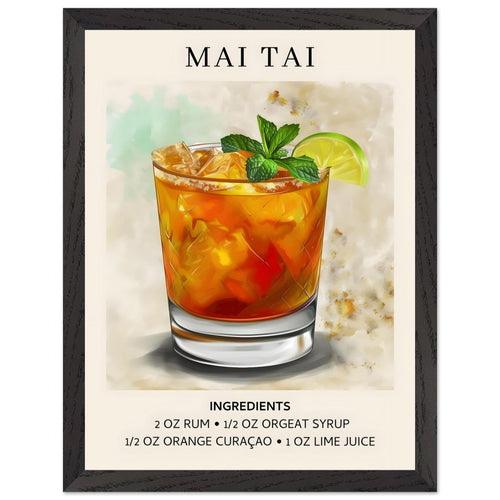Artfulprints Poster met Lijst Mai Tai Cocktail - Ingrediënten   - 30x40 cm - Meerkleurig