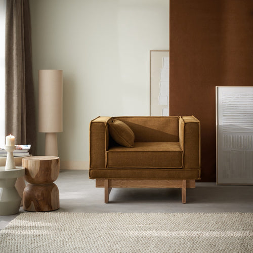 Tikamoon Eikenhouten fauteuil met okerkleurige stof - Mosterd