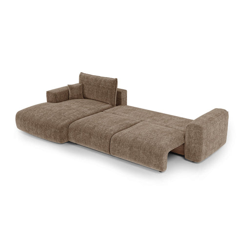 Premium Interiors - Linkshoekbank met slaapfunctie en opbergruimte COMO - zacht aanvoelende geweven stof bruin 297cm