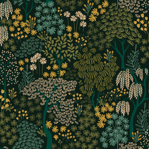 ESTAhome behang bomen en bloemen blauwgroen en geel - 50 x 900 cm - 131190 - vtwonen shop