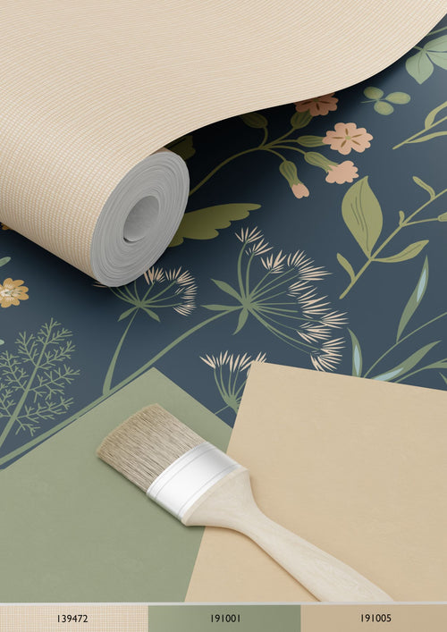 ESTAhome behang veldbloemen donkerblauw, groen en roze - 53 cm x 10.05 m - 139698