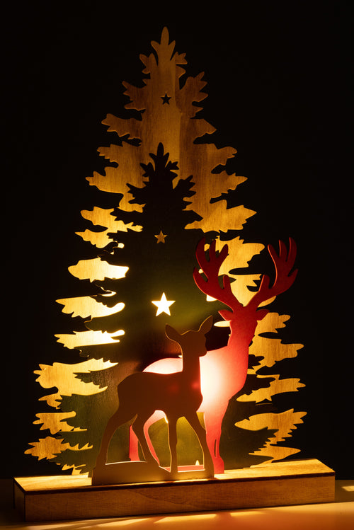 J-Line decoratie Winter Rendier Bomen - hout - mix - LED lichtjes