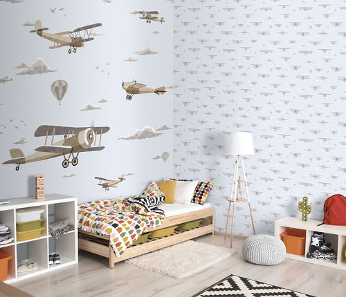 Sanders & Sanders fotobehang vliegtuigen blauw en grijs - 212 x 275 cm - 640885