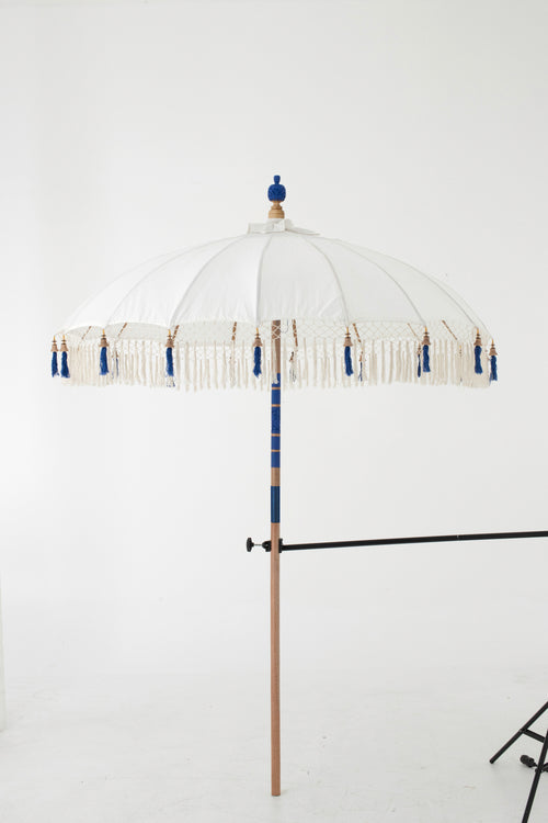 J-Line parasol Flavie - hout/katoen - ecru/blauw