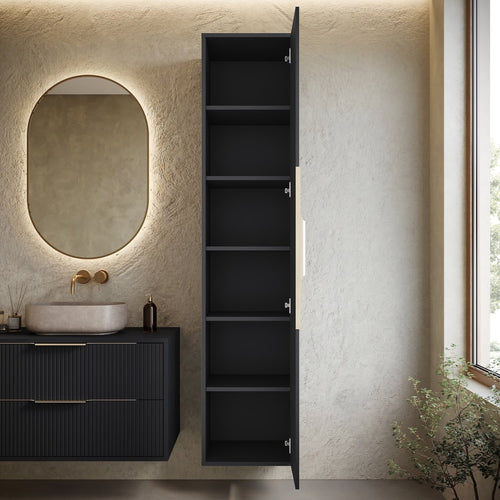Badplaats Badkamerkast Rimini 38 x 33 x 170 cm – Mat Zwart – Hangende Kolomkast met 1 Deur