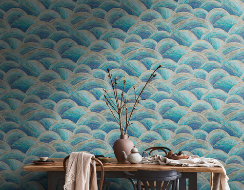 Livingwalls behang art deco bogen blauw, turquoise, goud en grijs - 53 cm x 10.05 m - AS-391051