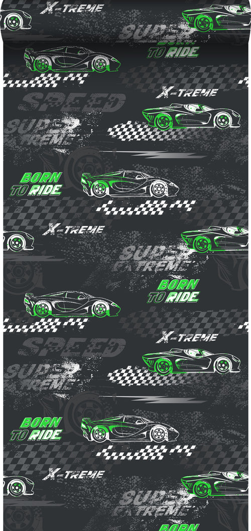 Sanders & Sanders behang race auto's groen en zwart wit - 50 x 900 cm - 935362