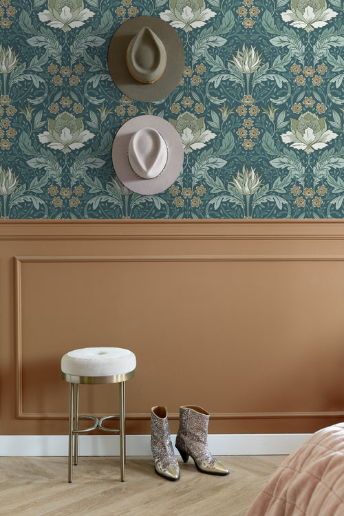 ESTAhome behang vintage bloemen in art nouveau stijl vergrijsd zeegroen - 50 x 900 cm - 131082 - vtwonen shop