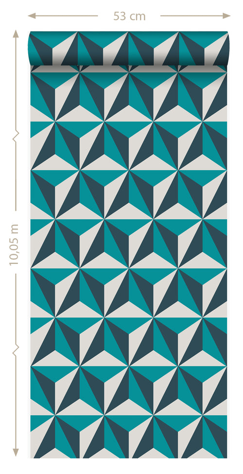 Origin Wallcoverings behang grafisch 3D motief turquoise - 53 cm x 10,05 m - 347449 - vtwonen shop