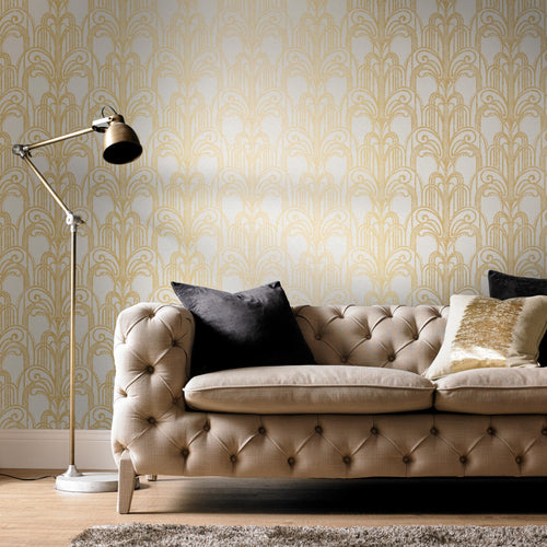 Graham & Brown Vliesbehang - Art Deco Goud & Parel