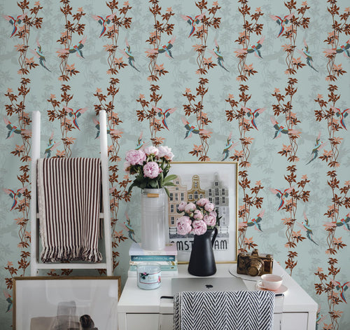Walls4You behang tropische planten turquoise en terracotta