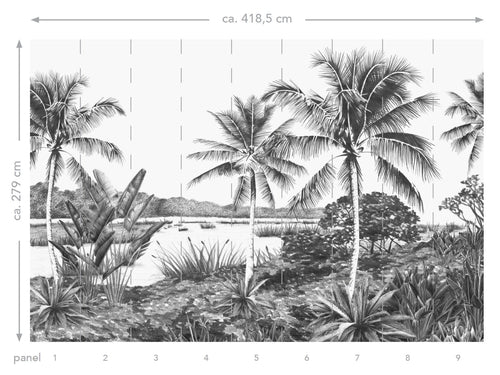 ESTAhome fotobehang tropisch landschap met palmbomen zwart wit - 418.5 x 279 cm - 158901 - vtwonen shop