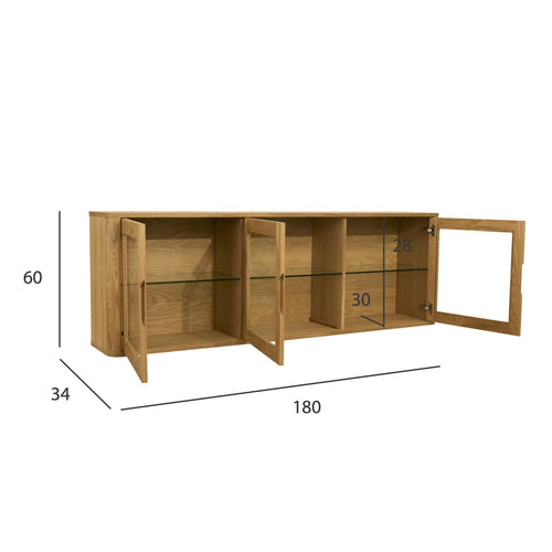 Furnhouse 3-deurs wandkast Nyborg - Natuurlijk eikenhout - MDF, Eikenfineer, Glas - 34x180x60