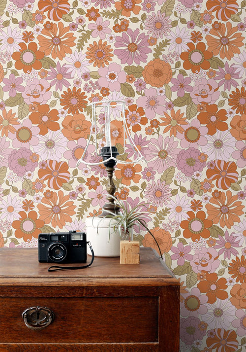 ESTAhome behang retro bloemen paars en oranje - 53 cm x 10.05 m - 130961