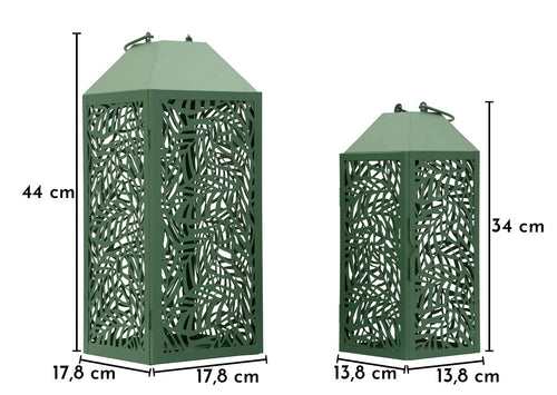 Set van 2 metalen lantaarns groen 18x18x44 - 14x14x34 cm