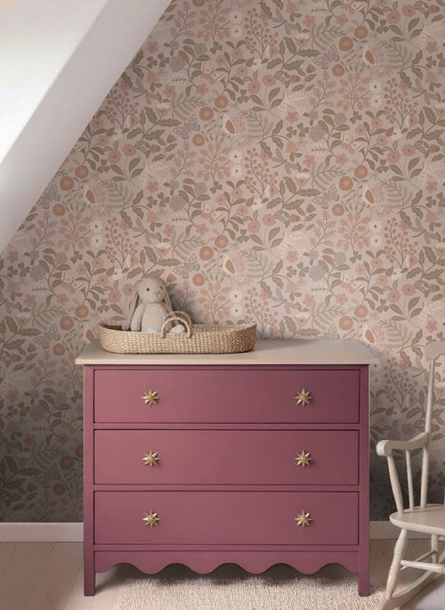 ESTAhome behang bloemen en vogels taupe en oudroze - 50 x 900 cm - 132232