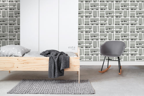ESTAhome behang auto's grijs, zwart en wit - 53 cm x 10.05 m - 139282