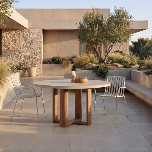 Tikamoon Ronde tuintafel van massief acaciahout en ecrukleurig cement 4/6 pers. - Beige