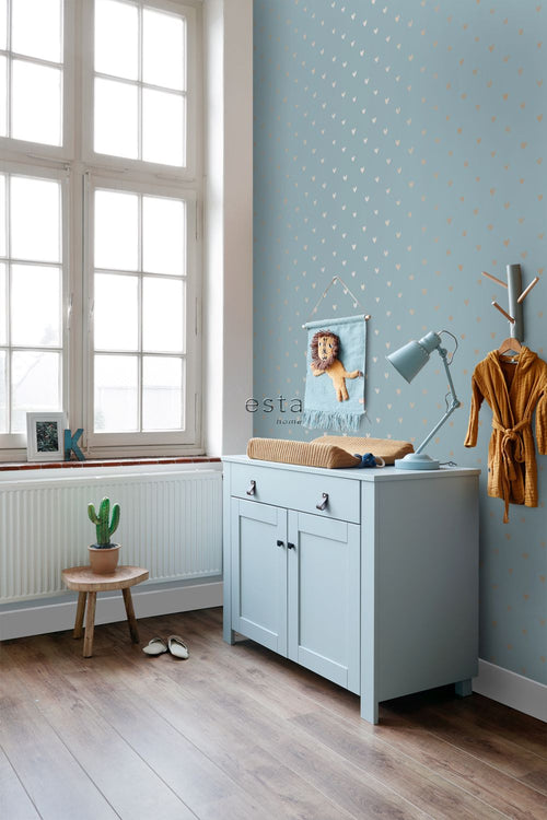 ESTAhome behang hartjes vintage blauw en glanzend koper bruin - 53 cm x 10.05 m - 128833