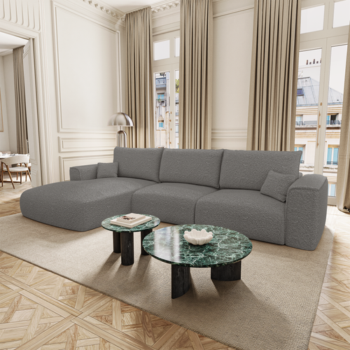 Premium Interiors - Linkshoekbank met slaapfunctie en opbergruimte COMO - bouclé-stof grafietgrijs 297cm