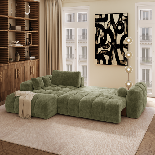 Premium Interiors - Linkshoekbank met slaapfunctie en opbergruimte SKY - gewaafd fluweel vintage groen 310cm