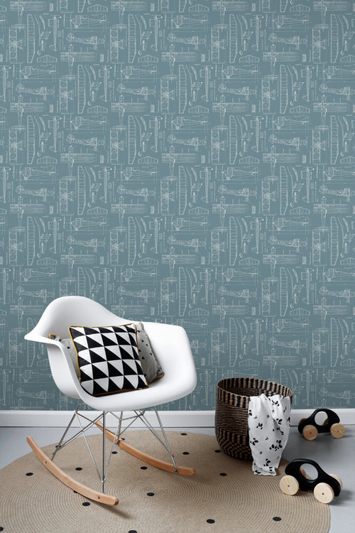 ESTAhome behang constructietekeningen van vliegtuigen blauw 53 cm x 10.05 m 128809