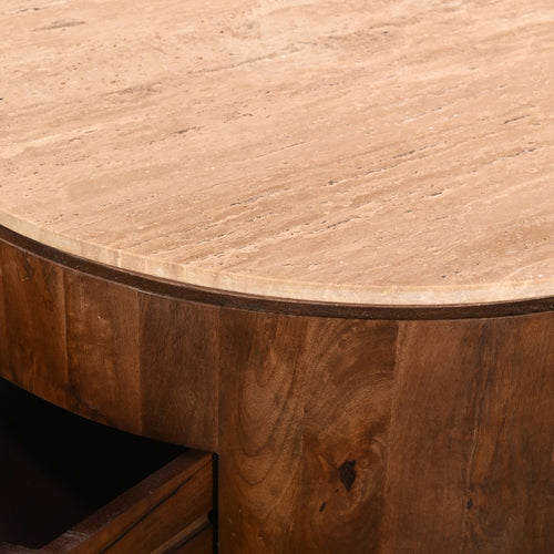 Giga Meubel Salontafel Elan Rond - Travertin - Walnoot - 90x90x35cm - Incl. Lades - vtwonen shop
