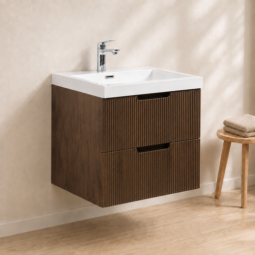 Badplaats Badkamermeubel Set Thermis 60 cm – Walnoot Bruin – Badmeubel met Wastafel