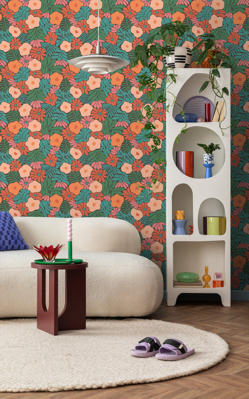 ESTAhome behang bloemen in Matisse stijl donkergroen, oranje en blauw - 50 x 900 cm - 131008 - vtwonen shop