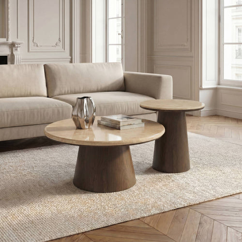 Premium Interiors - Salontafel VERO - multiplex en marmer beige marmer en donker notenhout 80cm