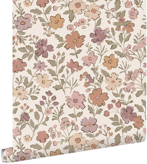 ESTAhome behang bloemetjes mauve paars, vergrijsd groen en terracotta - 53 cm x 10.05 m - 131328 - vtwonen shop