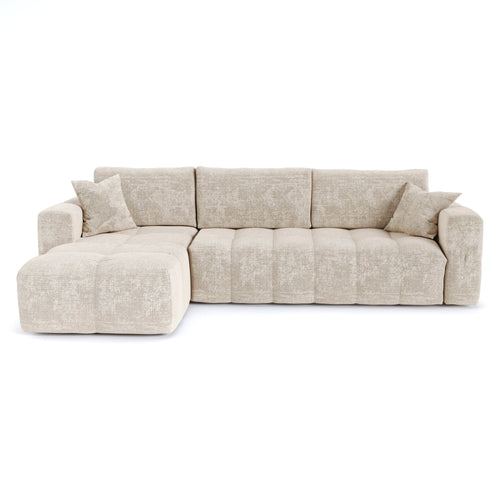 Premium Interiors - Linkshoekbank met snelle uitklapfunctie VIBE - gewaafd fluweel crème 286cm