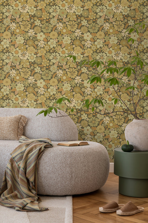 ESTAhome behang retro bloemen olijfgroen - 50 x 900 cm - 130967 - vtwonen shop