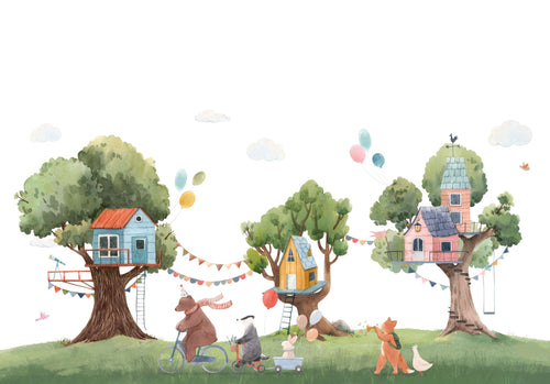 ESTAhome fotobehang boomhutfeest met dieren groen, blauw en wit - 400 x 279 cm - 159461 - vtwonen shop