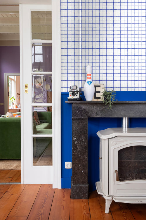 ESTAhome behang geblokt motief blauw en wit - 50 x 900 cm - 131274 - vtwonen shop